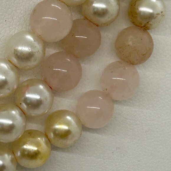 Vintage Faux Pearl & Rose Quartz Triple-Strand Necklace With Rhinestone Accents - Picture 16 of 16
